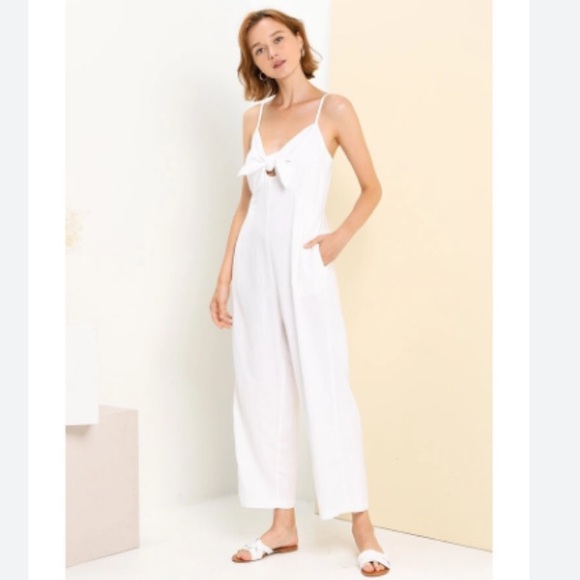 Cropped Knotted Linen-Blend Wide Leg Jumpsuit. - Picture 1 of 10